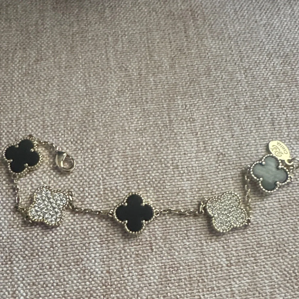 Gold-Tone Clover Link Bracelet‎ with Black and Mother-of-Pearl Accents